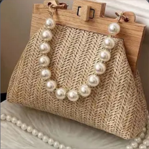 Handbags - "Tammy" Tan Woven Wood Accents Bag with Pearl 2 Straps
